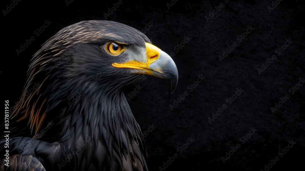Obraz premium A close-up of a bird of prey against a solid black backdrop, featuring a distinct yellow beak