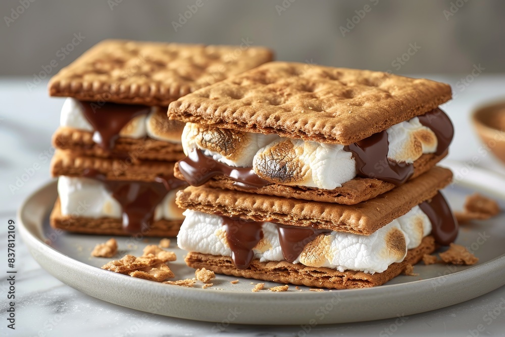 Smores - smores with melted chocolate and marshmallow between graham crackers.