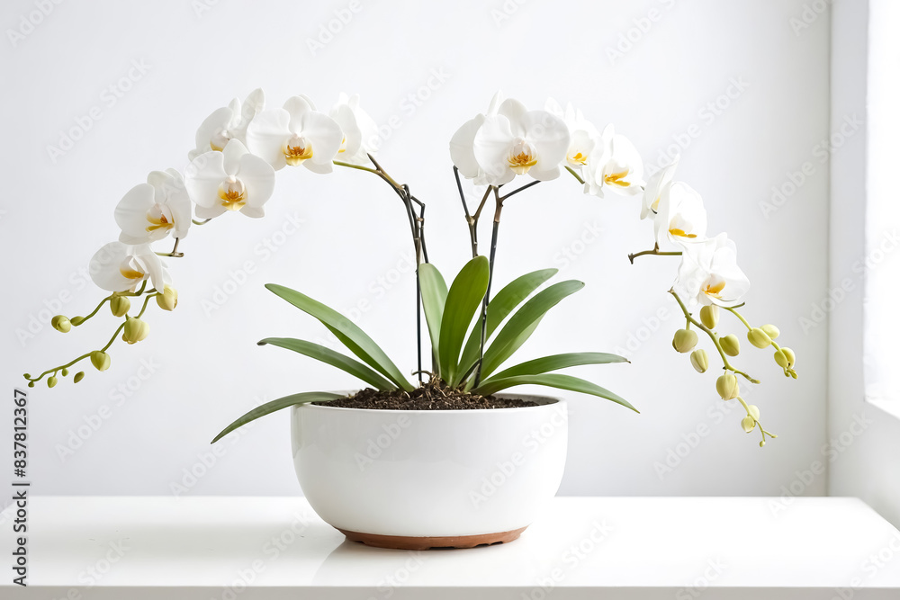 White Orchid in a White Pot on a White Table White Orchid in a White Pot on a White Table