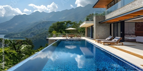 Captivating House Pool with Mountain View - Ideal for Promotional Use. Concept House Pool  Mountain View  Promotional Use