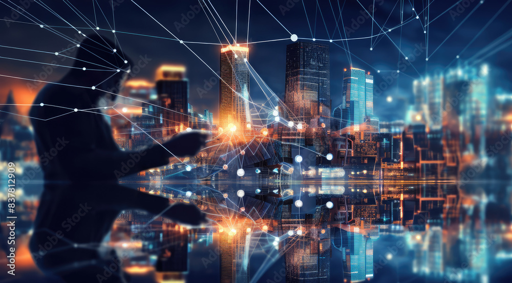 Naklejka premium Futuristic Urban Cityscape with Digital Connections