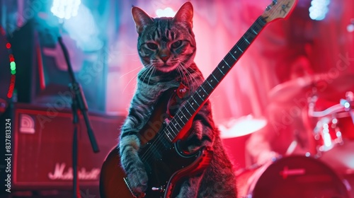 A fashionable cat rocks out on an electric guitar under colorful stage lights, drumming in the background. photo