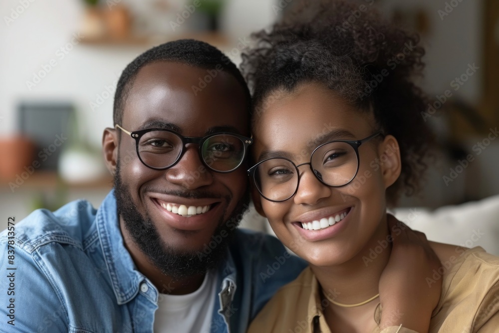Happy pair in spectacles on sofa at home Happy pair in spectacles on sofa at home