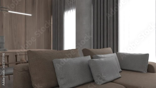 A minimalist living room with a wooden cabinet and an armchair, rendered in three dimensions using 3D animation