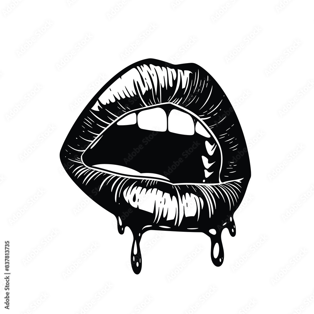 Ταπετσαρία Graphic black white illustration luscious lips dripping, suggestive sensuality melting makeup