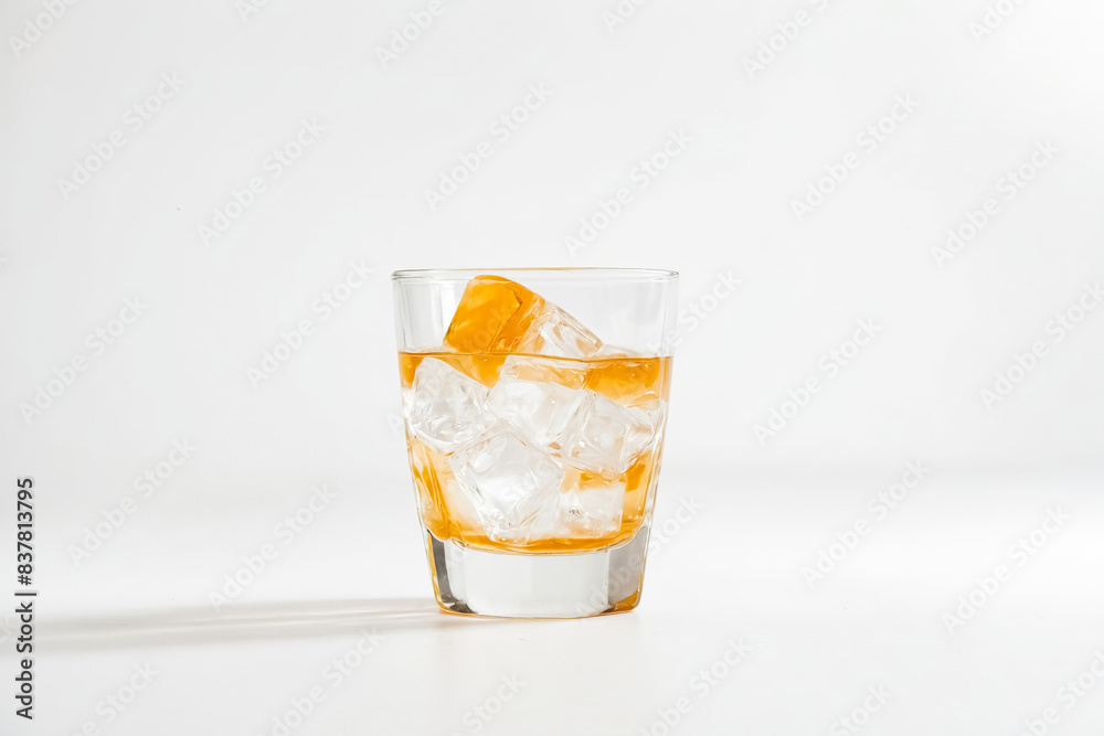 Glass of Whiskey with Ice on White Background