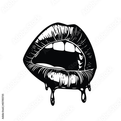 Graphic black white illustration luscious lips dripping, suggestive sensuality melting makeup. Full feminine lips graphic, bold, dripping effect allure, mystery, trendy makeup