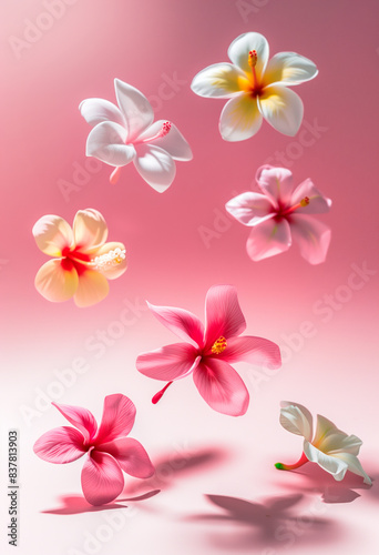 Various exotic flowers with floating petals on a pink background. Featuring plumeria  pink frangipani and hibiscus.