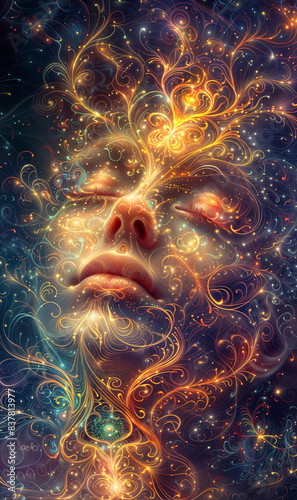 A woman's face with intricate patterns and shapes, predominantly in shades of orange and blue, set against a backdrop of swirling patterns and shapes