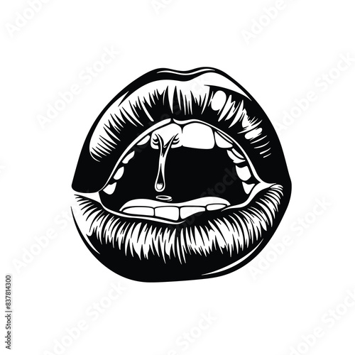 Open mouth dripping liquid, detailed drawing lips teeth, artwork resembles human features. Open mouth black white, stylized representation lips single droplet, high contrast graphic. Isolated white