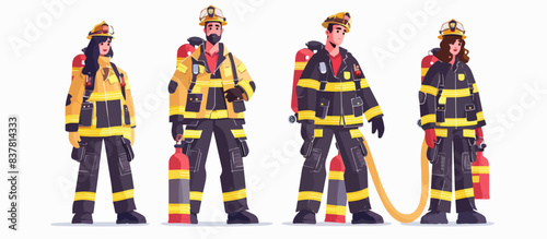 Set of firefighters on a white background. Fireman rescuer.