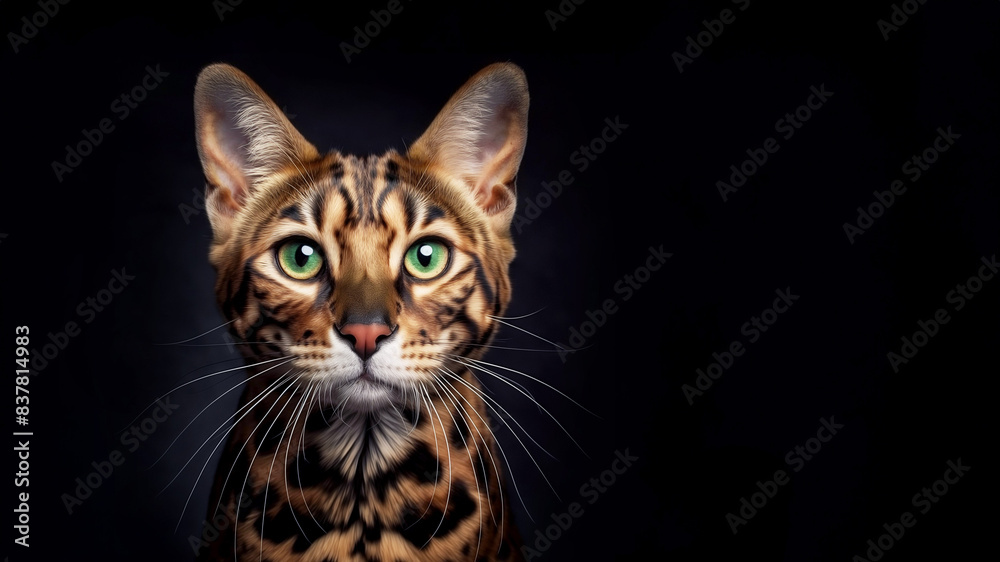 face of elegant bengal cat isolated on black background with studio lighting, handsome tomcat on dark backdrop with green eyes face of elegant bengal cat isolated on black background with studio lighting, handsome tomcat on dark backdrop with green eyes