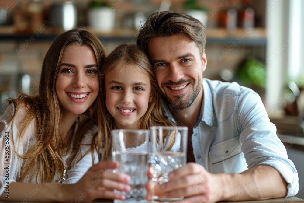 Man and woman with girl holding water glasses Man and woman with girl holding water glasses