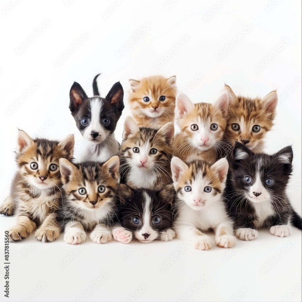 A high-resolution flat design image of a mix of kittens and puppies lying down and looking up at the camera, set on a pristine white background, with their stylized forms and vibrant hues standing A high-resolution flat design image of a mix of kittens and puppies lying down and looking up at the camera, set on a pristine white background, with their stylized forms and vibrant hues standing