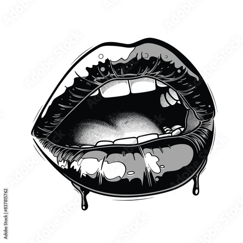 Black white graphic open mouth detailed lips teeth dripping liquid. Artistic monochrome illustration highlighting sensuality speech concept. High contrast design depicting open human mouth isolated