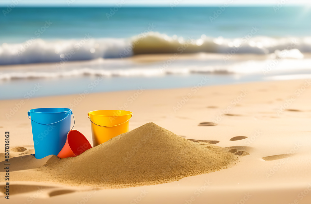 On the beach by the sea there are colored buckets for children to play, a slide of sand On the beach by the sea there are colored buckets for children to play, a slide of sand
