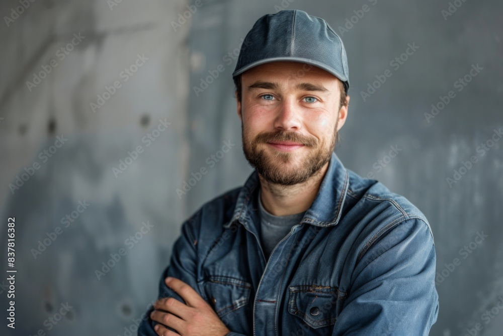 Bearded man in cap standing arms crossed