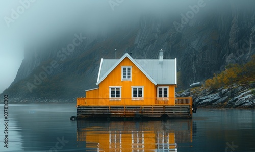 Yellow House on Misty Lake with Mountain Background - Serene and Tranquil Escape in Nature © Flow_control