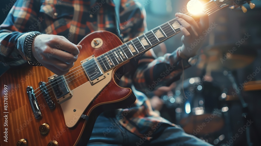 Close-Up of Musician Playing Electric Guitar in Cozy Room with Warm Lighting. Perfect for music-related projects, concerts, performances, and artistic promotions Close-Up of Musician Playing Electric Guitar in Cozy Room with Warm Lighting. Perfect for music-related projects, concerts, performances, and artistic promotions