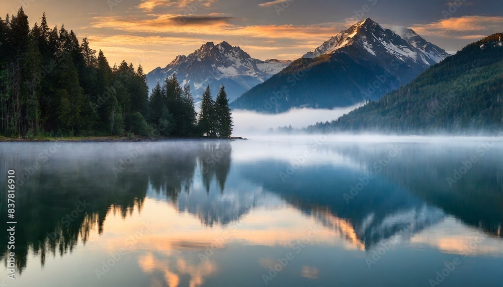 A calm lake with mist rising in the early morning.
A calm lake with mist rising in the early morning.