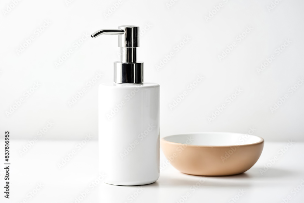 White ceramic soap dispenser and bowl on white background