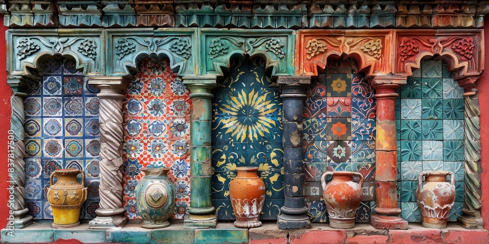 Fototapeta premium Vibrant Moroccan Tile Wall with Colorful Ceramics and Ornate Arches