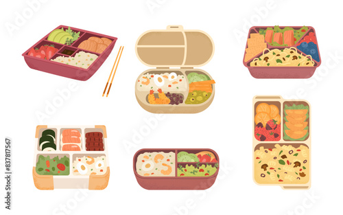 Bento boxes and lunch boxes with different food and snacks vector illustrations with textures set isolated on white. Opened food containers with different meal.