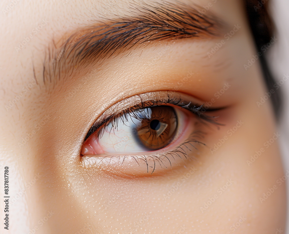 Obraz premium A close-up of one eye of a Korean female model wearing eye makeup with a dark eye line. Beauty, makeup and cosmetics advertising background.