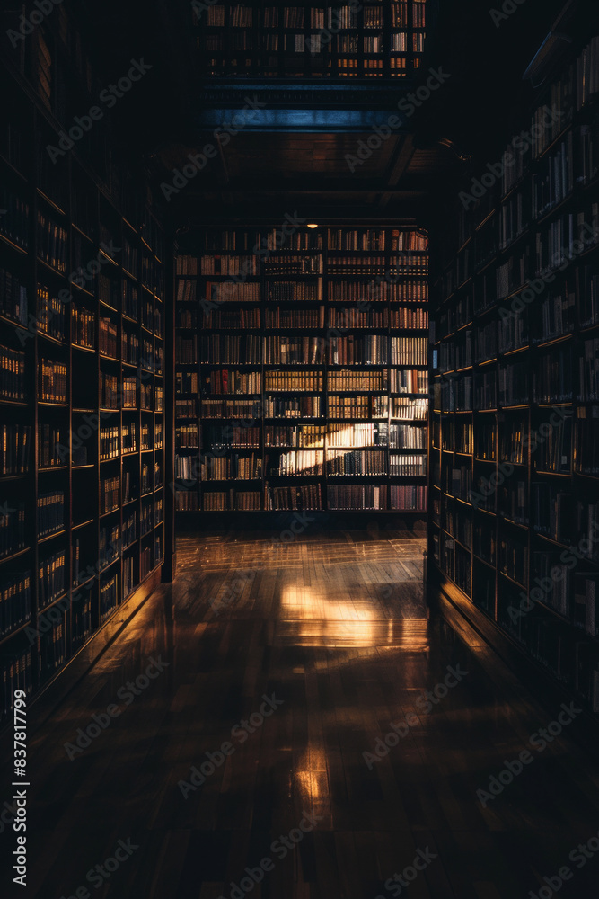 Dark minimalist library interior with light. Dark minimalist library interior with light.