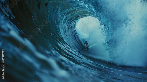 A small surfer visible in huge waves on the blue sea. Silhouette of a surfer seemingly trapped in a huge wave.