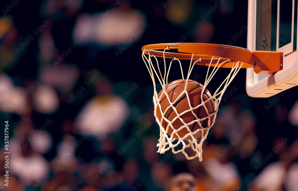 Close-up of the basketball goal scene from the side. Close-up of a basketball ball going through the net of a basketball hoop. Out of focus crowd background.
