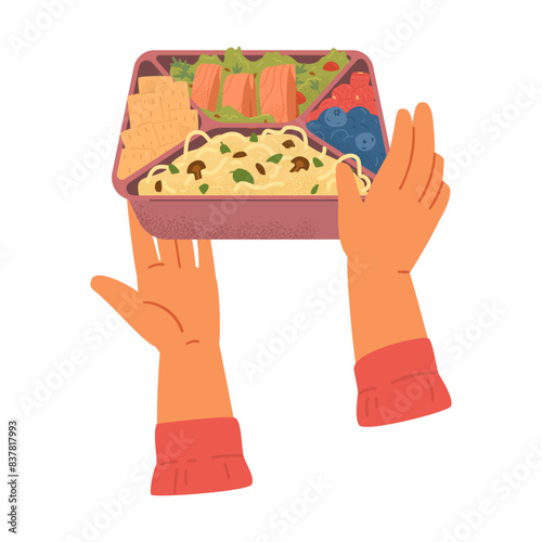 Hands holding bento box with food vector illustration isolated on white. Pasta with mushrooms, berries, cookies, salmon and salad in food container.