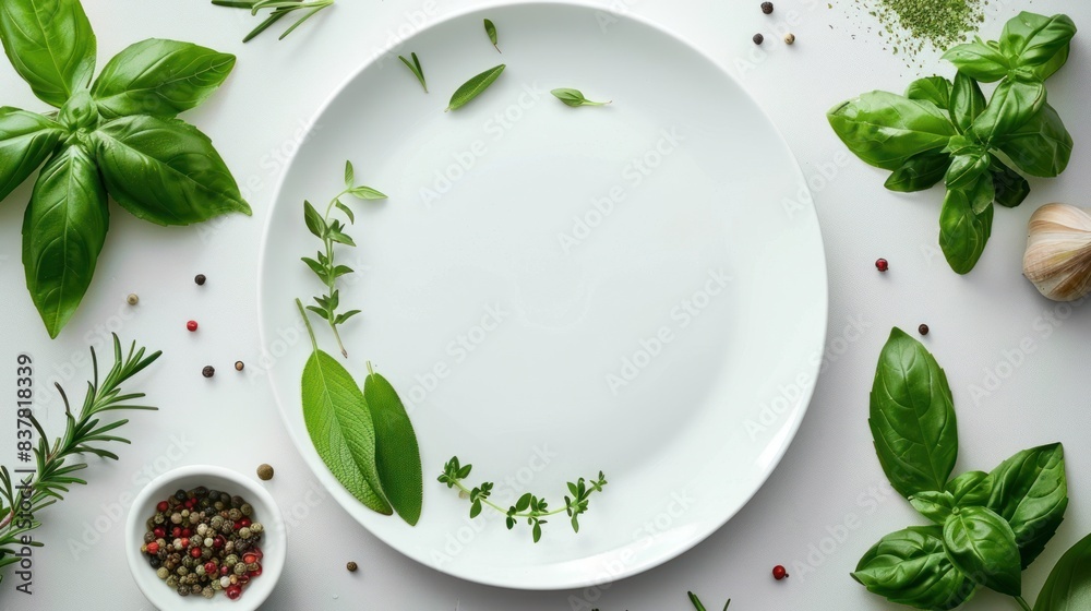 White empty plate surrounded by fresh herbs White empty plate surrounded by fresh herbs