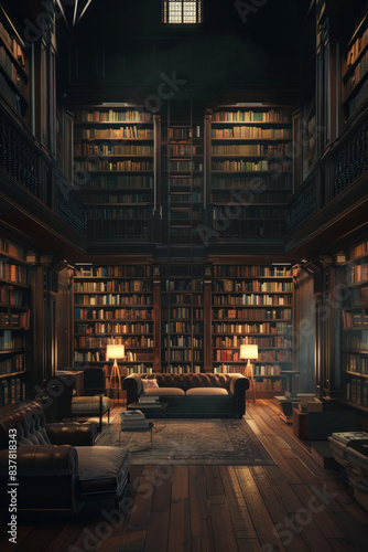 Dark minimalist library interior with light.