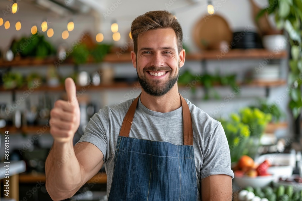 Man in kitchen apron smiles, gives thumbs up Man in kitchen apron smiles, gives thumbs up