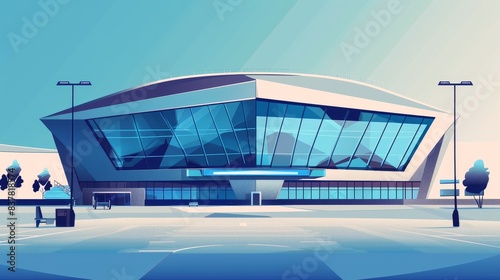 Modern hightech sports flat design side view digital arena cartoon drawing tetradic color scheme