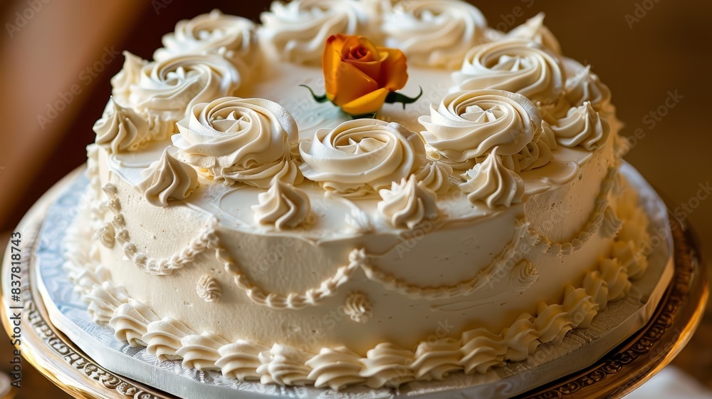 A white cake, topped with white frosting and an orange rose, sits elegantly on a golden platter The table is dressed in a pristine white cloth, adorn A white cake, topped with white frosting and an orange rose, sits elegantly on a golden platter The table is dressed in a pristine white cloth, adorn