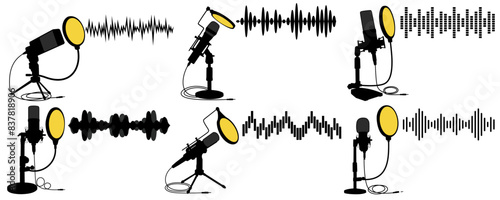 set microphone podcasting with soundwaves icon. recording microphone design vector illustration