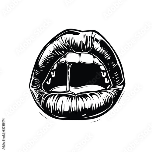 Black white illustration sensuous open lips, teeth slightly visible, droplet between lips. Monochrome drawing detailed lips, dripping liquid, seductive mouth concept. Open mouth, dripping fluid