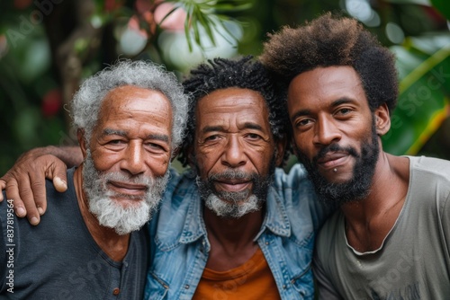 Three males posing near a tree photo