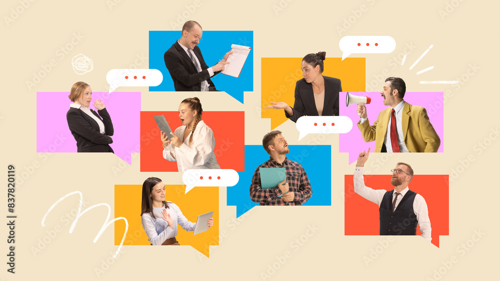 Poster. Contemporary art collage. Workers, each using different devices in colorful speech bubbles, symbolizing dynamic online meeting. Concept of remote working and studying, teamwork, online. Ad