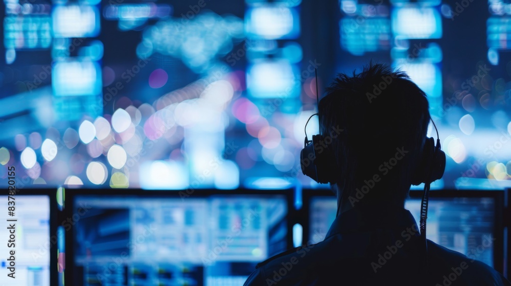 Person with headphones monitoring multiple screens with data and analytics in a dimly lit control room environment. Person with headphones monitoring multiple screens with data and analytics in a dimly lit control room environment.