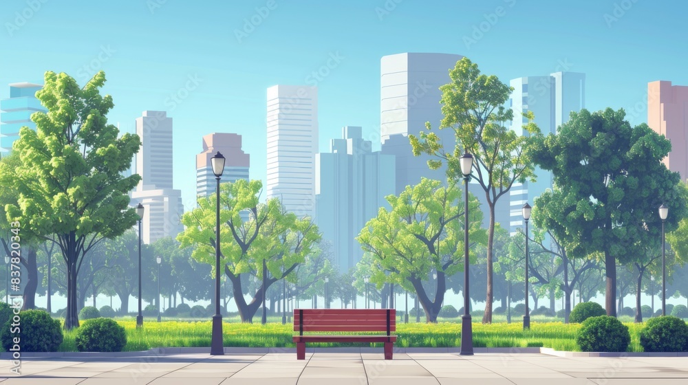 Serene urban park view featuring green trees and a solitary bench in the foreground with modern skyscrapers in the background. Serene urban park view featuring green trees and a solitary bench in the foreground with modern skyscrapers in the background.