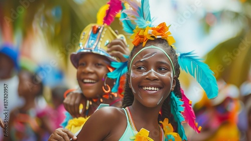 Caribbean family celebrating Carnival with vibrant costumes