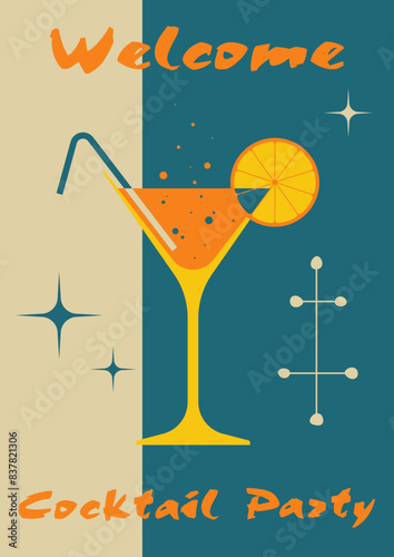 Retro Party Invitation, Poster, Cover. Mid Century Modern Atomic Age Style Illustration, Cocktail Party, Alcohol, Glass, Lemon, Decorative Elements. 1950s Colors and Shapes 