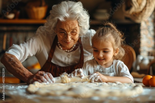 Elderly woman and young girl baking pastry