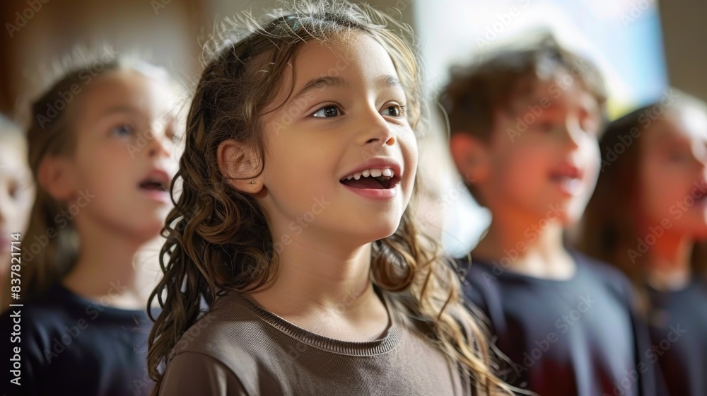 Obraz premium Children group singing together in class happy children day concept