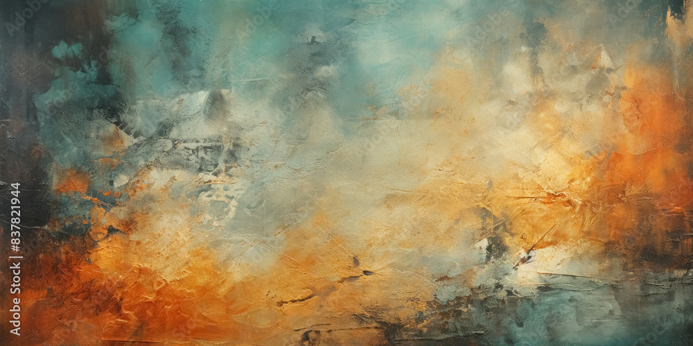 Obraz premium Gritty and worn, grunge orange and green textured abstract background with distressed weathered effect, brushstrokes, aged feel reminiscent of concrete walls.