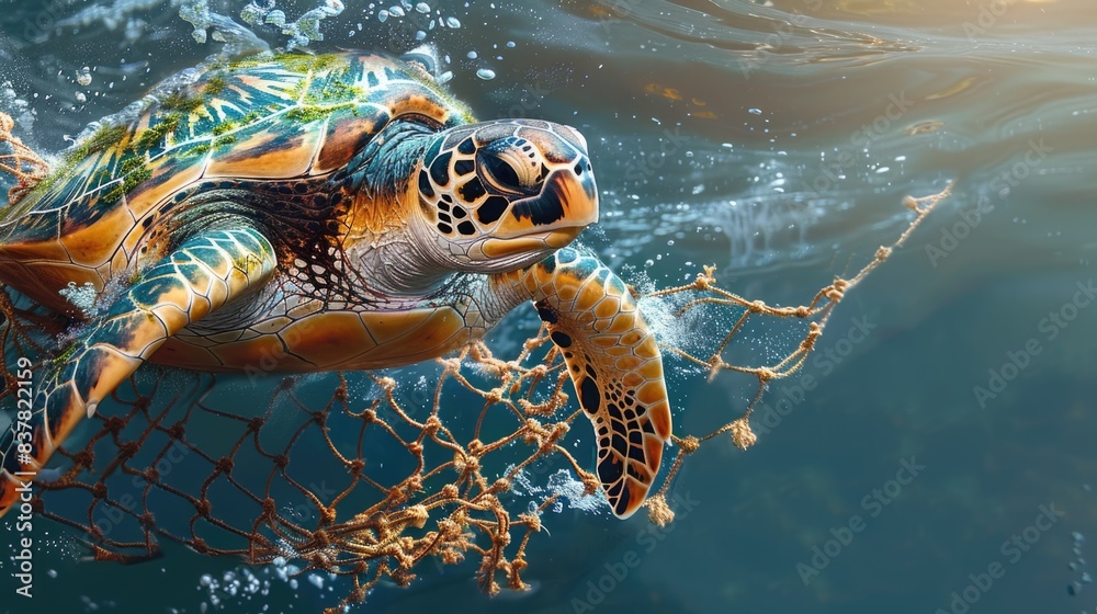 Fototapeta premium Turtle tortoise in dam in stuck in fish net