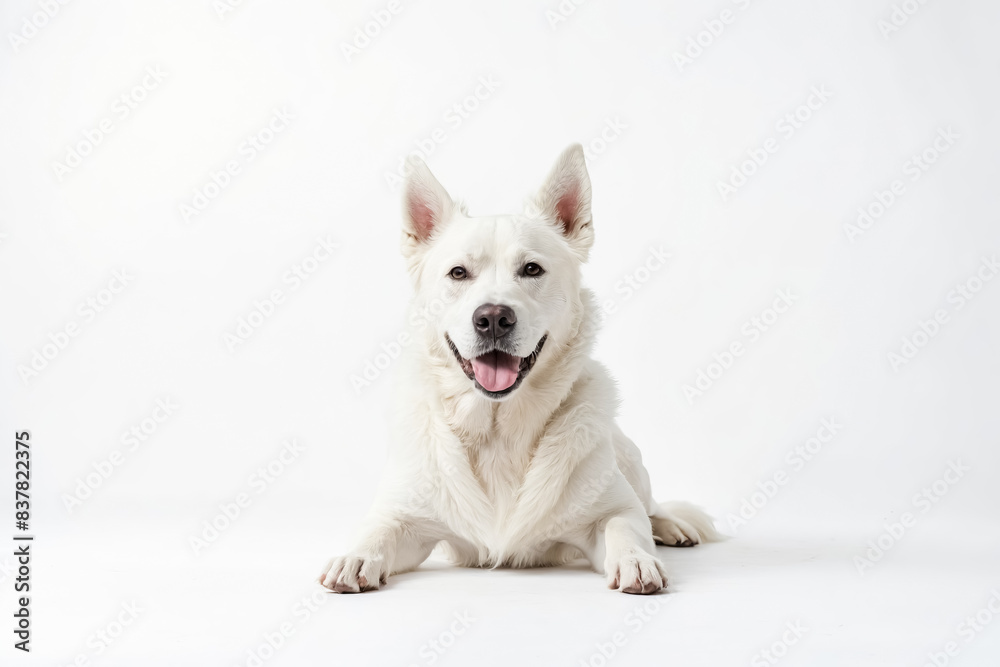 Happy White Dog Lying on White Background Happy White Dog Lying on White Background